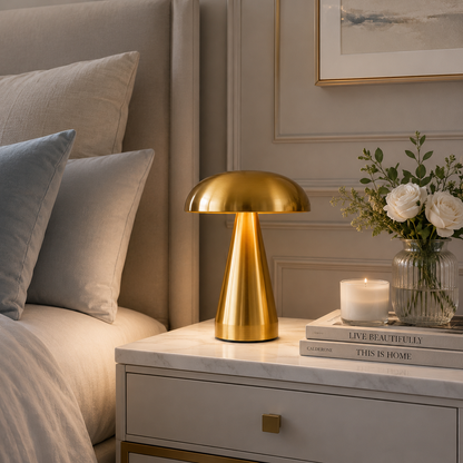 Lampe Champignon Stella LED dorée allumée sur une table de nuit blanche dans une chambre luxueuse. Décoration élégante avec bougie, fleurs et ambiance chaleureuse aux tons greige, bleu poudre et blanc