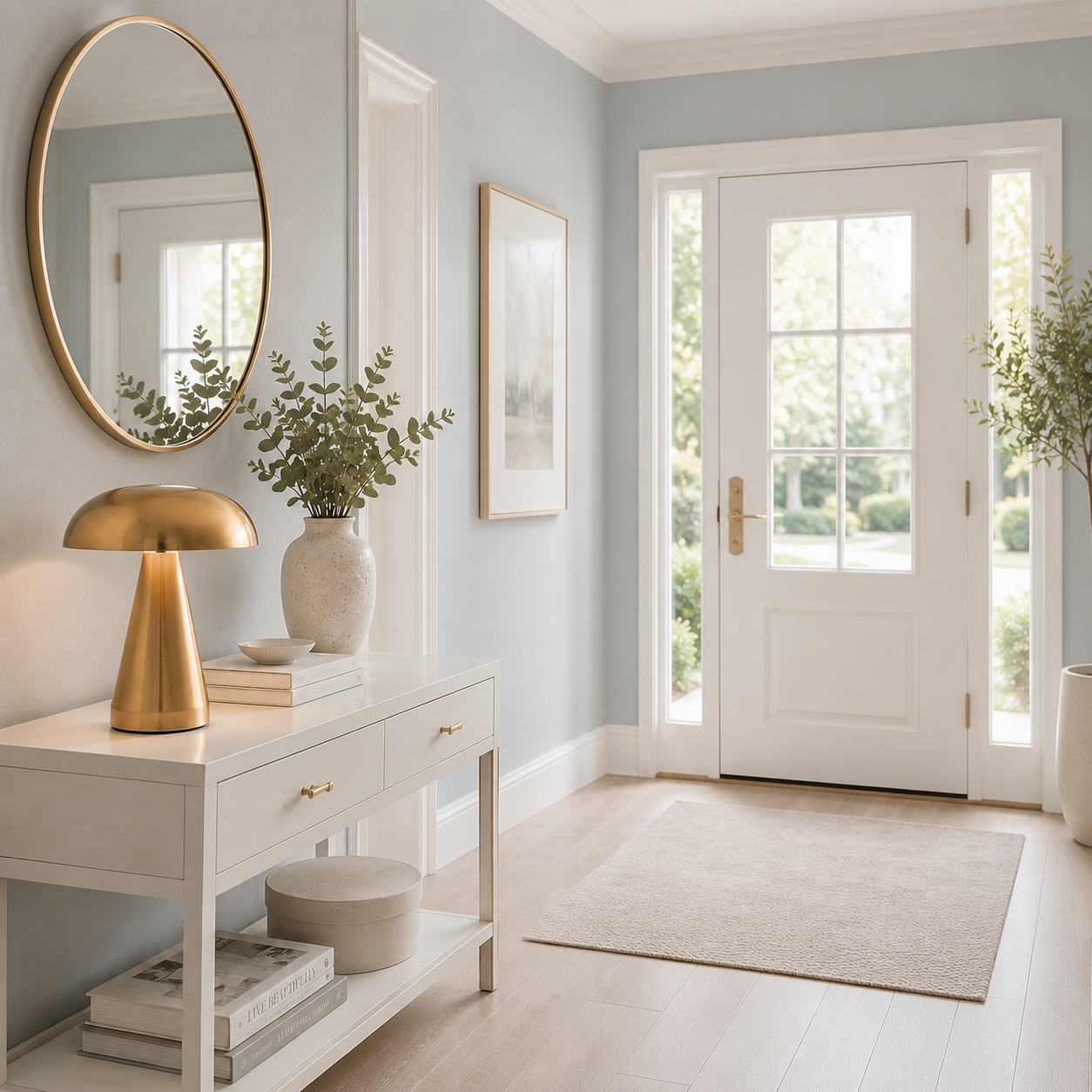 Lampe de table Champignon Stella LED dorée sur une console d'entrée moderne. Hall d'entrée lumineux avec miroir, plantes et décoration haut de gamme aux tons greige, bleu poudre et blanc, créant une ambiance chaleureuse et raffinée