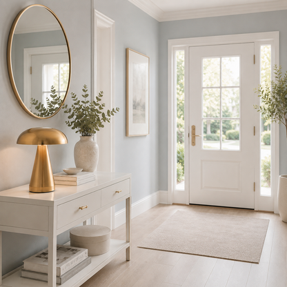 Lampe de table Champignon Stella LED dorée sur une console d'entrée moderne. Hall d'entrée lumineux avec miroir, plantes et décoration haut de gamme aux tons greige, bleu poudre et blanc, créant une ambiance chaleureuse et raffinée