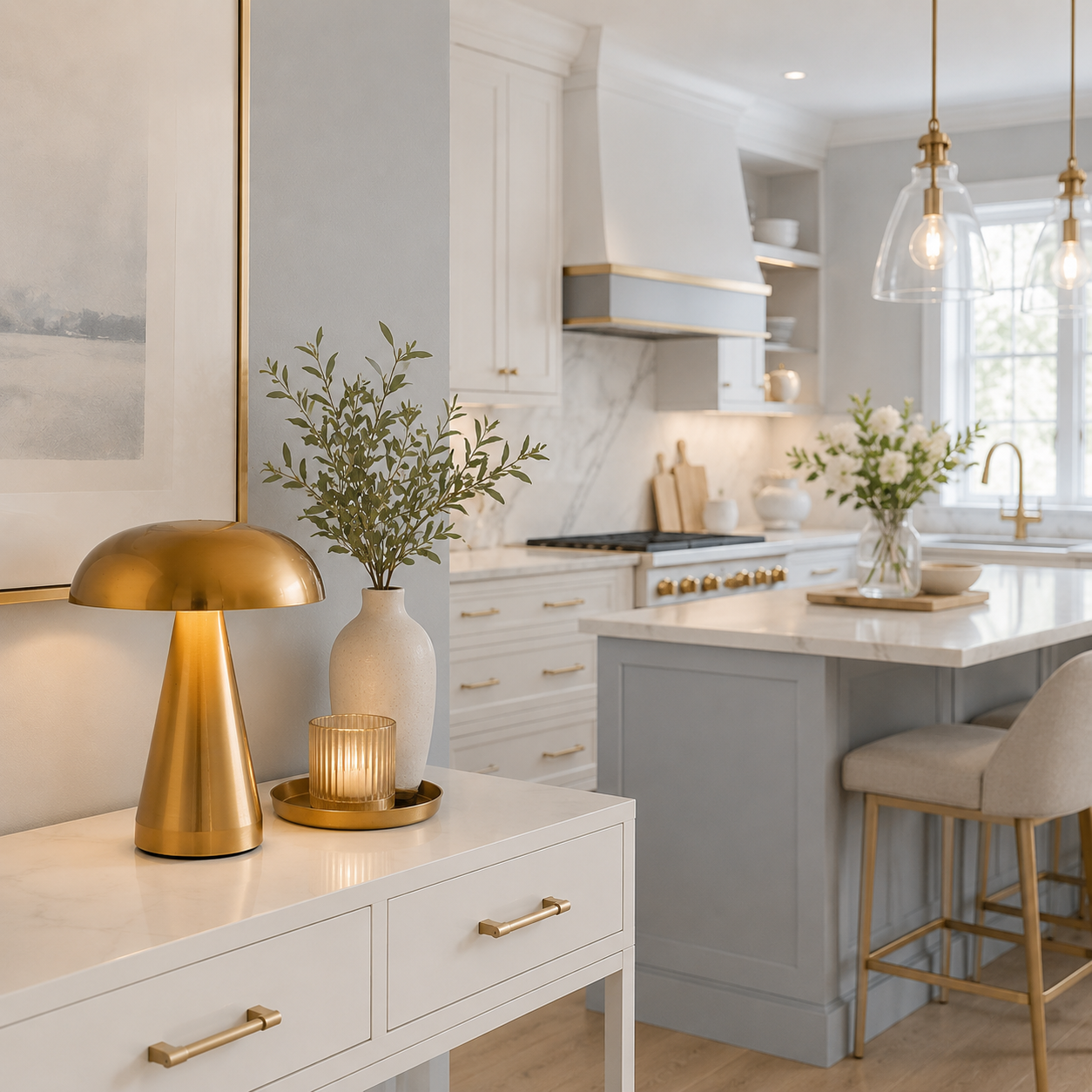 Lampe de table Champignon Stella LED dorée sur une console décorative devant une cuisine moderne. Éclairage chaleureux, décoration raffinée avec vase et bougie, ambiance lumineuse dans un intérieur contemporain aux tons greige, bleu poudre et blanc
