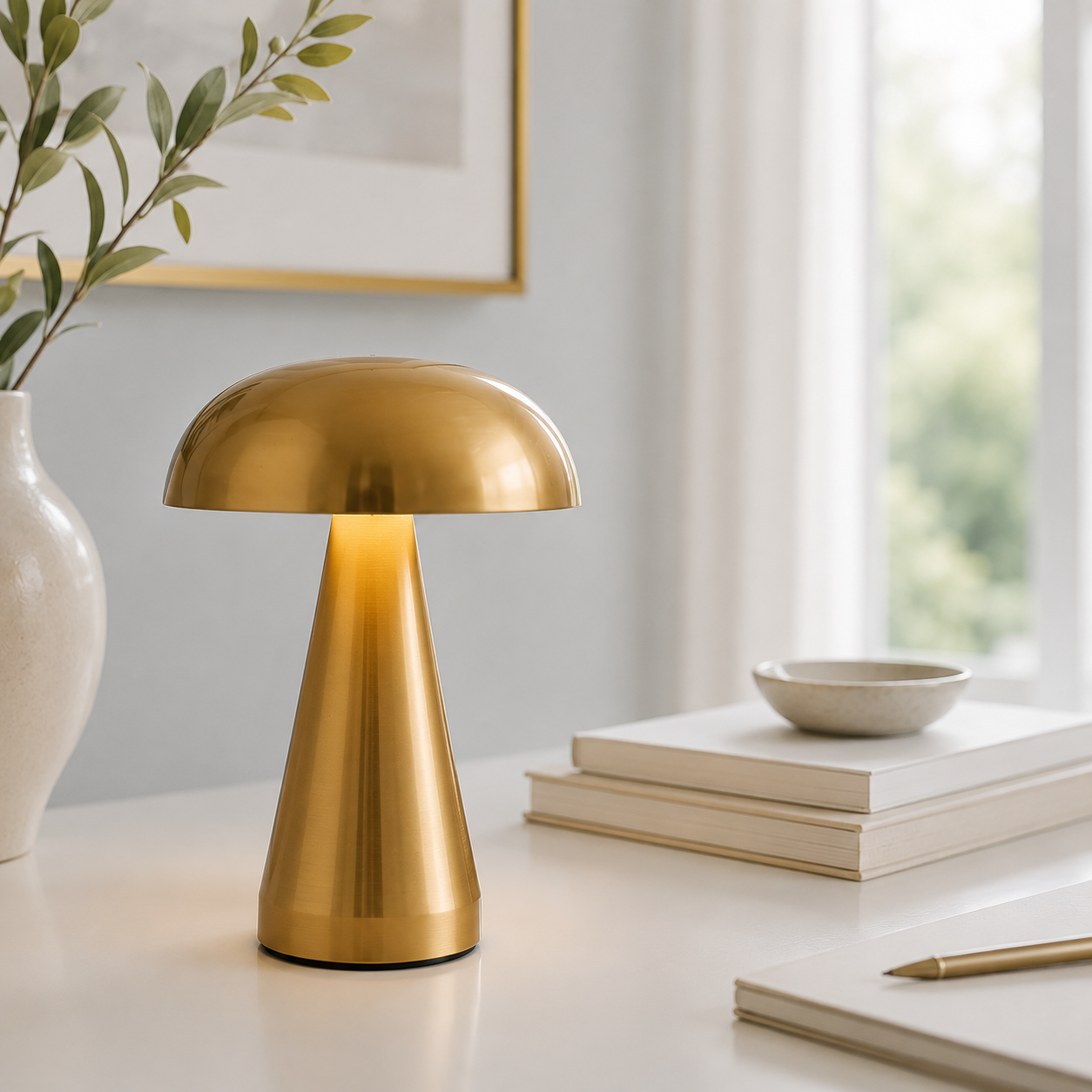 Lampe de table Champignon Stella LED dorée sur un bureau moderne près d'une fenêtre. Éclairage chaleureux, décoration minimaliste avec plante et livres, ambiance lumineuse et raffinée aux tons greige, bleu poudre et blanc.