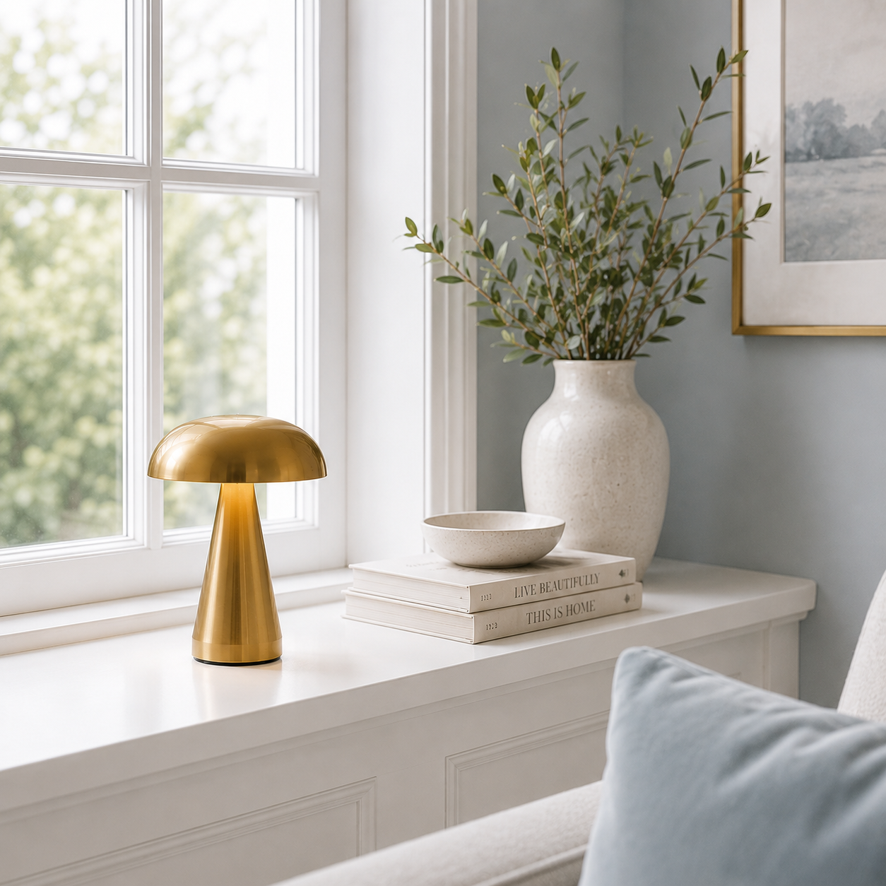 Lampe de table Champignon Stella LED dorée sur une console près d'une fenêtre baignée de lumière naturelle. Décoration raffinée avec plante, livres et ambiance chaleureuse dans un intérieur contemporain aux tons greige, bleu poudre et blanc