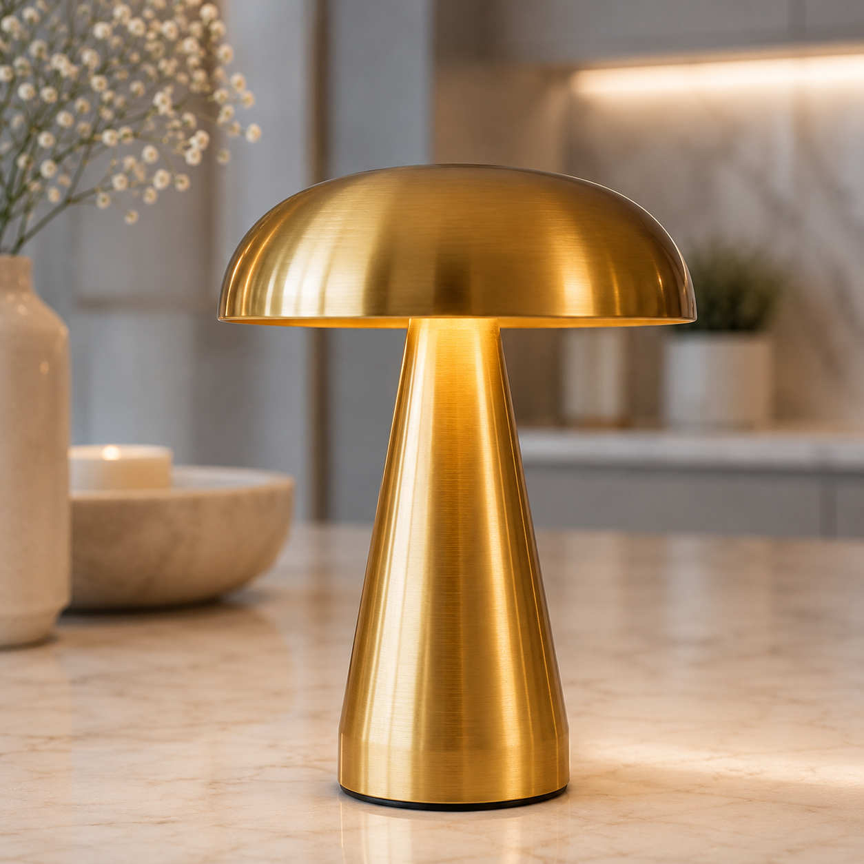 Lampe de table Champignon Stella LED dorée sur un comptoir de cuisine moderne. Éclairage chaleureux, cuisine élégante en arrière-plan flou et décoration intérieure luxueuse aux tons greige, bleu poudre et blanc.