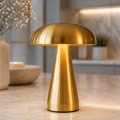 Lampe de table Champignon Stella LED dorée sur un comptoir de cuisine moderne. Éclairage chaleureux, cuisine élégante en arrière-plan flou et décoration intérieure luxueuse aux tons greige, bleu poudre et blanc.