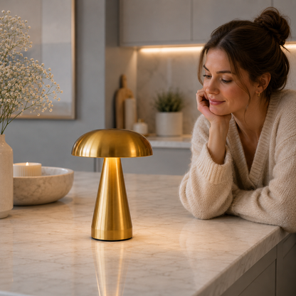 Une femme admire une lampe de table Champignon Stella LED dorée posée sur un comptoir de cuisine en marbre. Cuisine moderne en arrière-plan, ambiance chaleureuse et décoration intérieure haut de gamme aux tons greige, bleu poudre et blanc.