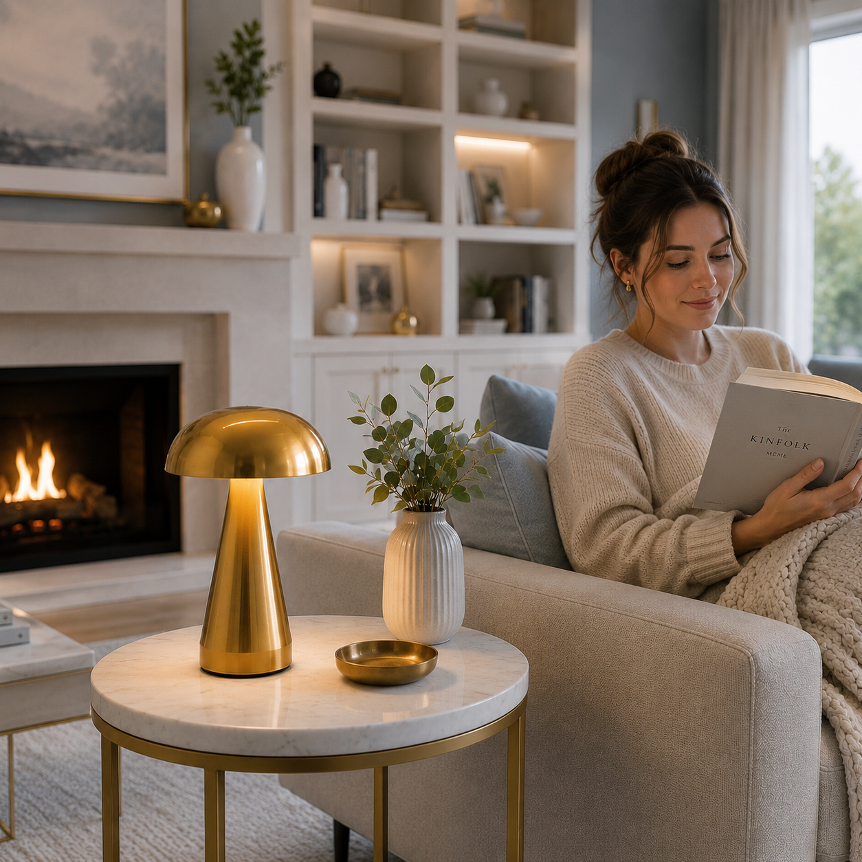 Lampe Champignon Stella LED dorée allumée sur une table d'appoint dans un salon moderne. Une femme lit confortablement près d'un foyer, créant une ambiance chaleureuse et élégante aux tons greige, bleu poudre et blanc