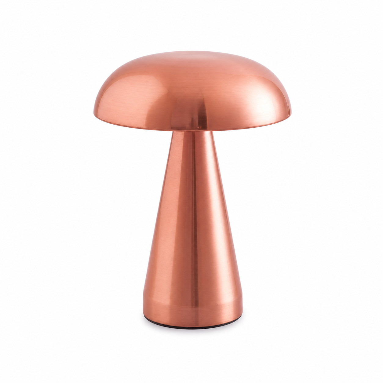 Lampe de table champignon LED couleur cuivre au design moderne et minimaliste, présentée sur fond blanc. Cette lampe décorative au fini métallique apporte une touche élégante et chaleureuse à un salon, une chambre ou un bureau.