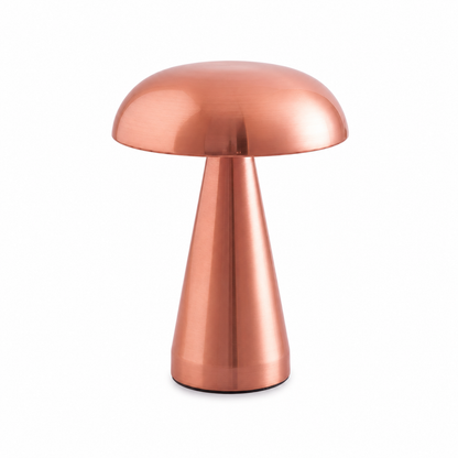 Lampe de table champignon LED couleur cuivre au design moderne et minimaliste, présentée sur fond blanc. Cette lampe décorative au fini métallique apporte une touche élégante et chaleureuse à un salon, une chambre ou un bureau.