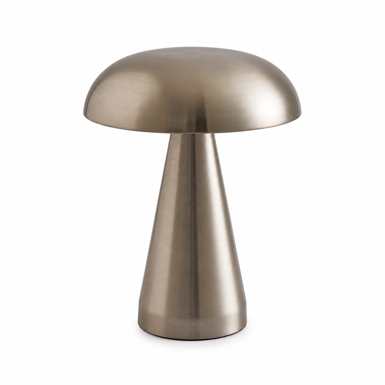 Lampe de table champignon LED en métal argent brossé au design moderne et minimaliste, présentée sur fond blanc. Lampe décorative élégante pour salon, chambre, bureau ou table de chevet.