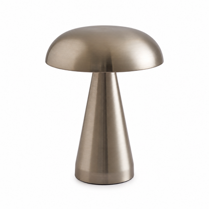 Lampe de table champignon LED en métal argent brossé au design moderne et minimaliste, présentée sur fond blanc. Lampe décorative élégante pour salon, chambre, bureau ou table de chevet.