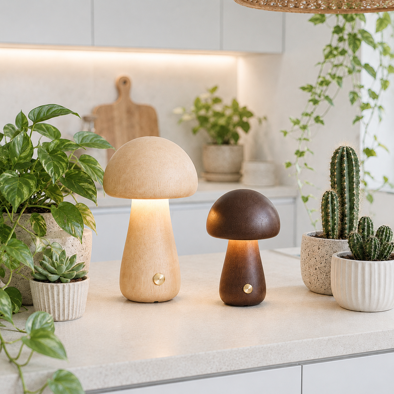 Deux lampes champignon en bois naturel clair et foncé allumées sur un comptoir de cuisine blanc avec plantes vertes et décoration haut de gamme aux tons greige et bleu poudre. Lampes LED rechargeables créant une ambiance chaleureuse, naturelle et élégante.