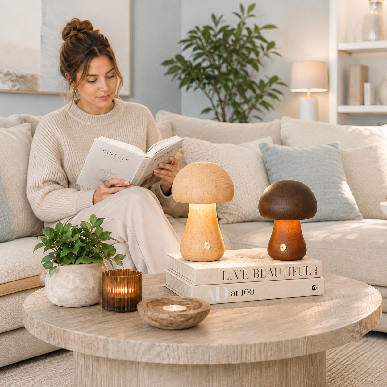 Lampe champignon en bois naturel clair et foncé posée sur une table basse blanche dans un salon lumineux aux tons greige et bleu poudre. Une femme lit un livre sur un canapé dans une ambiance chaleureuse et haut de gamme, mettant en valeur cette lampe LED rechargeable décorative.