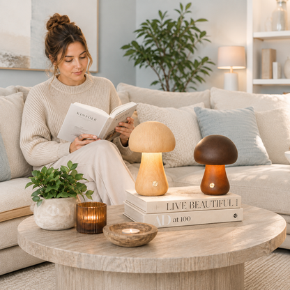 Lampe champignon en bois naturel clair et foncé posée sur une table basse blanche dans un salon lumineux aux tons greige et bleu poudre. Une femme lit un livre sur un canapé dans une ambiance chaleureuse et haut de gamme, mettant en valeur cette lampe LED rechargeable décorative.