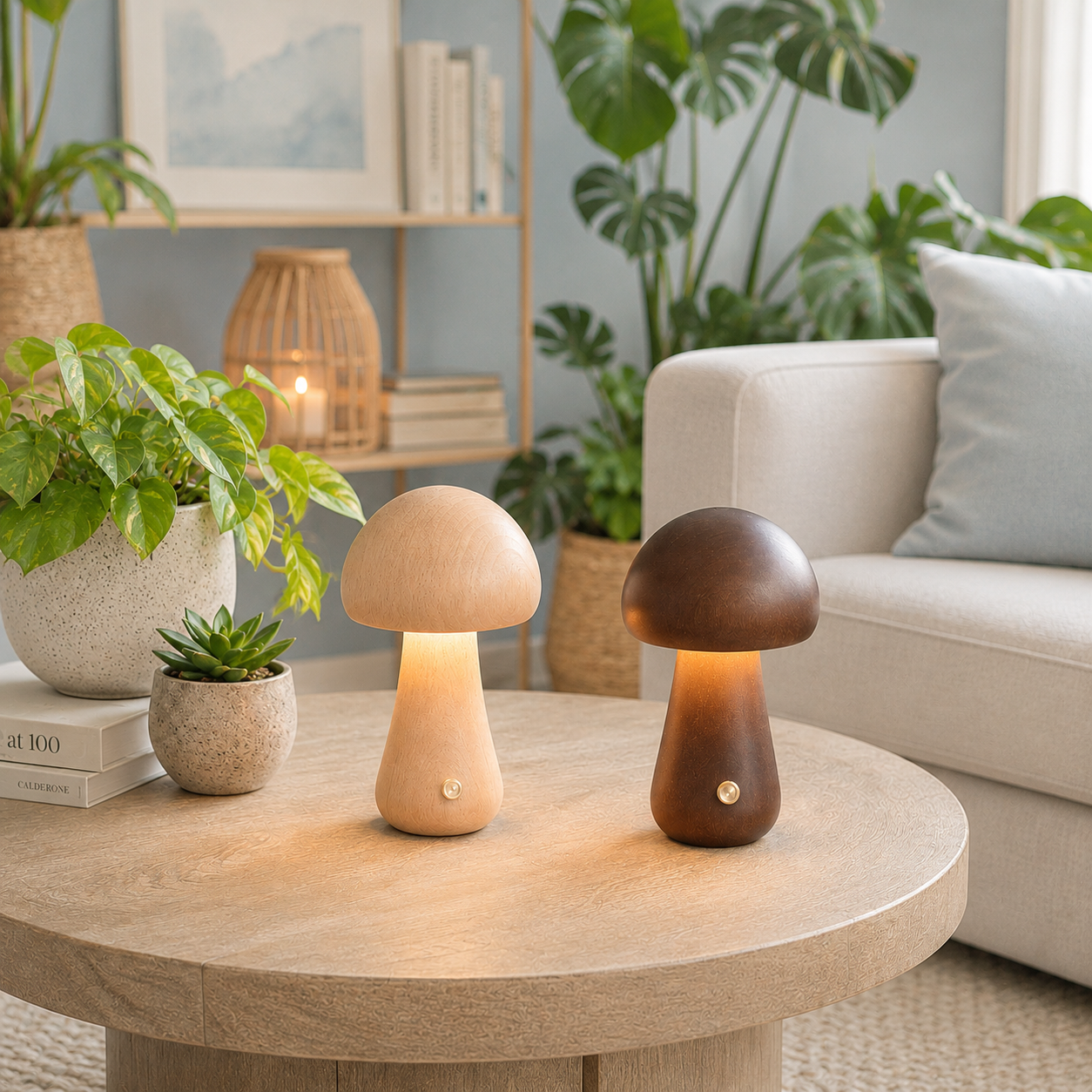 Deux lampes champignon en bois naturel clair et foncé allumées sur une table basse blanche dans un salon lumineux avec canapé, plantes vertes et décoration haut de gamme aux tons greige et bleu poudre. Lampes LED rechargeables créant une ambiance chaleureuse, naturelle et élégante.