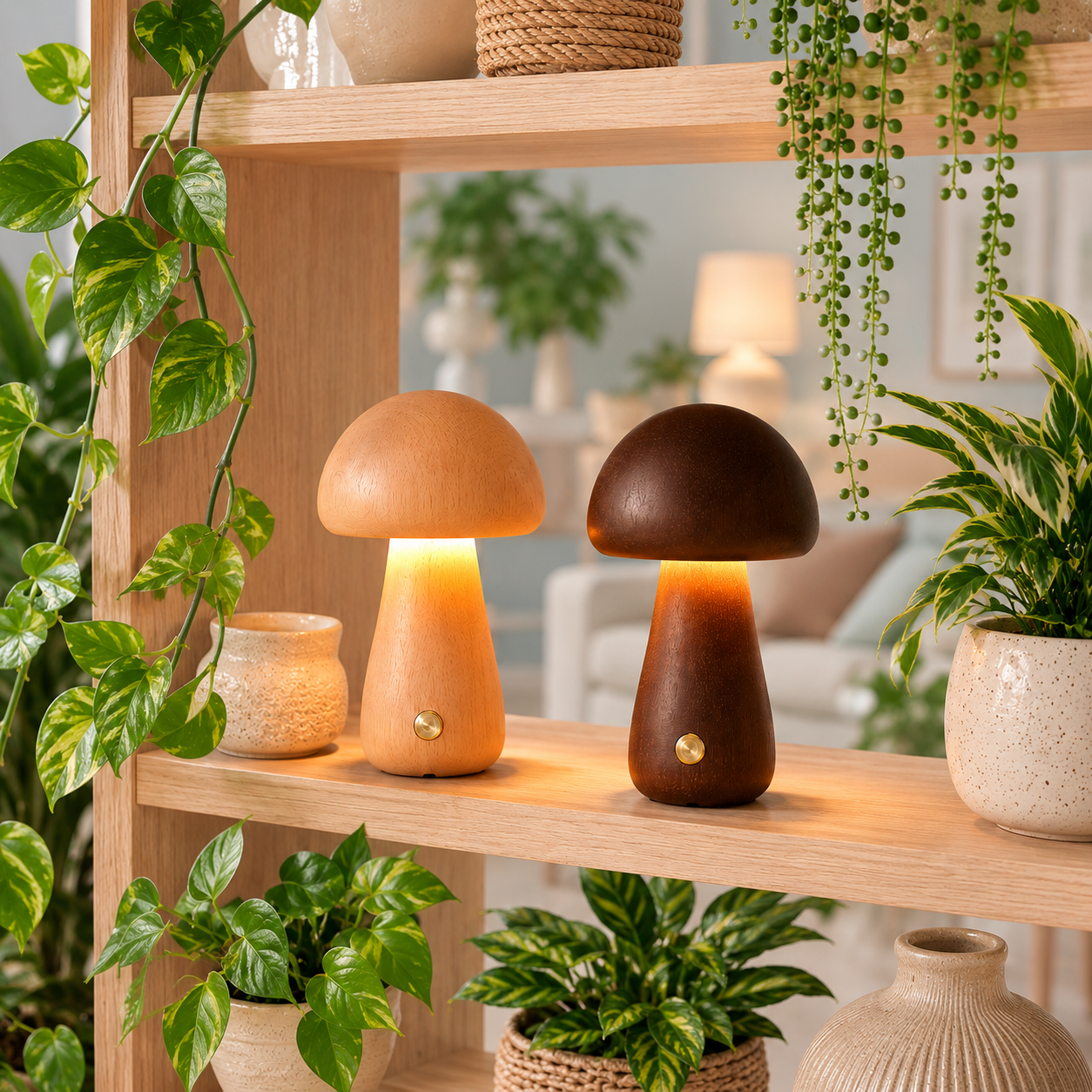 Deux lampes champignon en bois naturel clair et foncé allumées sur une étagère en bois entourée de plantes vertes dans un décor haut de gamme aux tons greige et bleu poudre. Lampes LED rechargeables décoratives créant une ambiance chaleureuse, naturelle et élégante.
