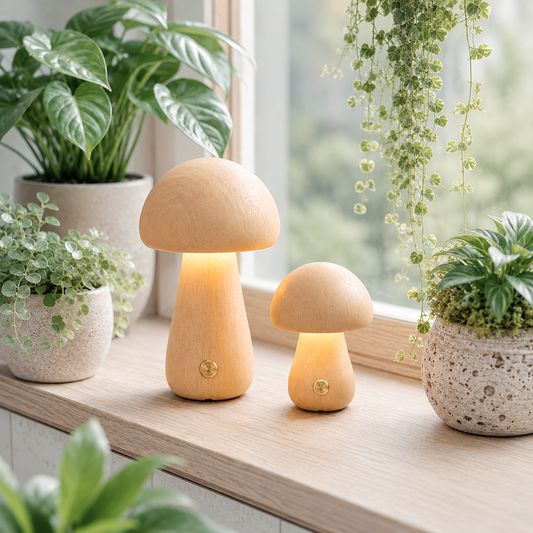 Deux lampes champignon en bois naturel clair allumées sur un rebord de fenêtre blanc entouré de plantes vertes dans une ambiance lumineuse aux tons greige et bleu poudre. Lampes LED rechargeables décoratives créant une atmosphère chaleureuse et apaisante.