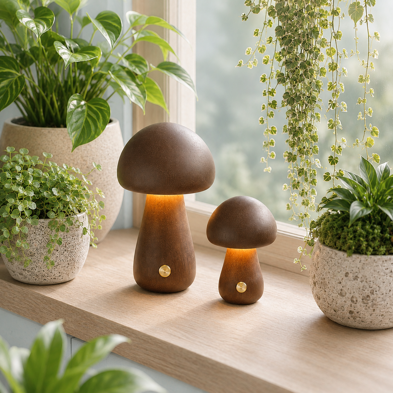 Deux lampes champignon en bois naturel foncé allumées sur un rebord de fenêtre blanc entouré de plantes vertes dans une ambiance lumineuse aux tons greige et bleu poudre. Lampes LED rechargeables décoratives créant une atmosphère naturelle, chaleureuse et apaisante.