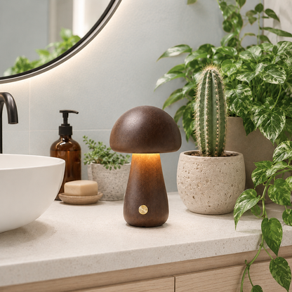 Lampe champignon en bois naturel foncé allumée sur un comptoir de salle de bain blanc avec miroir rond, plantes vertes et décoration haut de gamme aux tons greige et bleu poudre. Lampe LED rechargeable décorative créant une ambiance chaleureuse et relaxante.