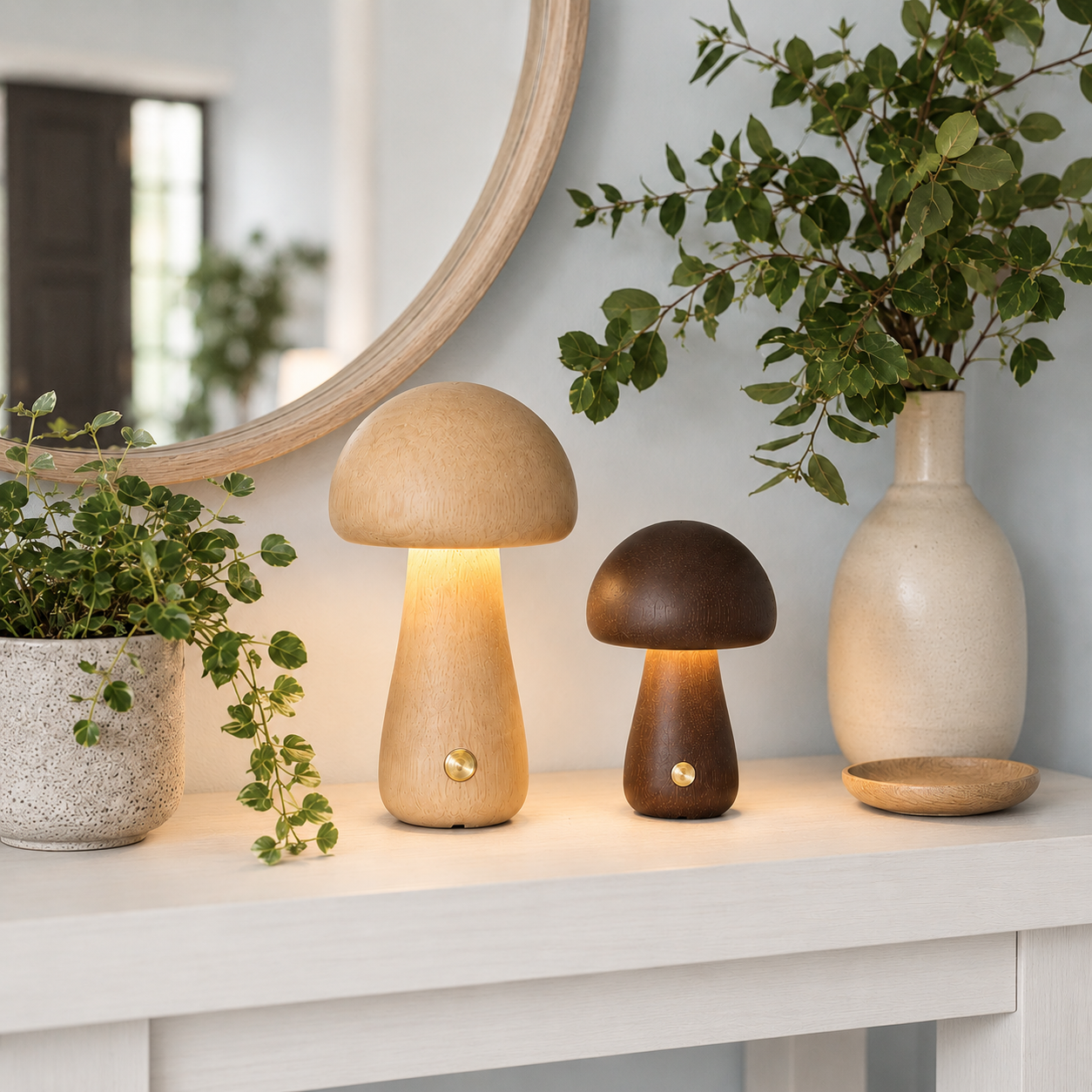 Deux lampes champignon en bois naturel clair et foncé allumées sur une console blanche avec miroir rond, vase en céramique et plantes vertes dans un décor haut de gamme aux tons greige et bleu poudre. Lampes LED rechargeables créant une ambiance chaleureuse et élégante.