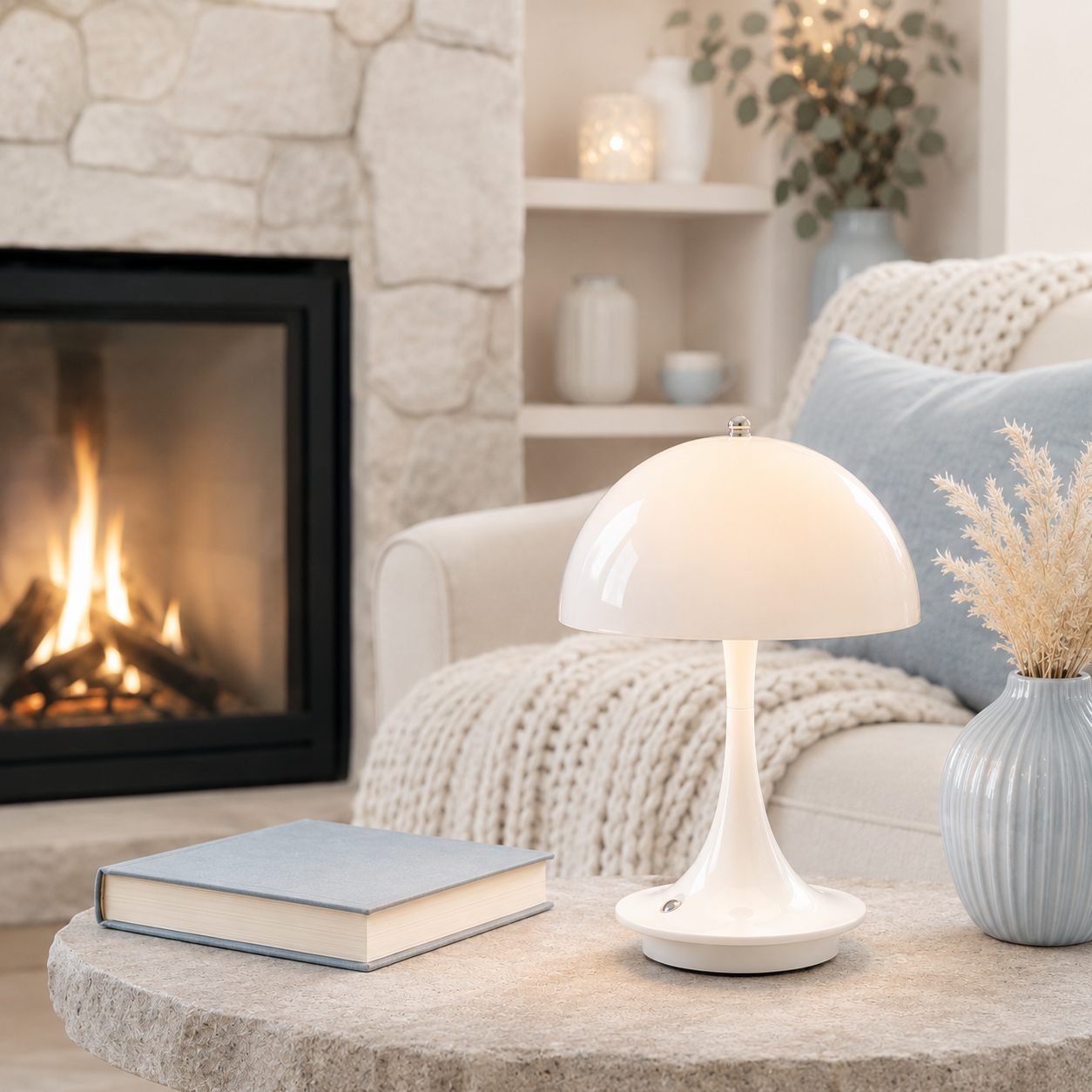 Lampe de table champignon LED rechargeable blanche sur une table basse dans un salon élégant avec cheminée, décoration greige et bleu poudre, lumière douce et ambiance chaleureuse.