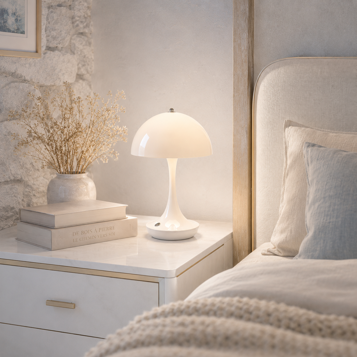 Lampe de table champignon LED rechargeable blanche sur une table de chevet dans une chambre élégante aux tons greige et bleu poudre, lumière douce créant une ambiance relaxante et haut de gamme.
