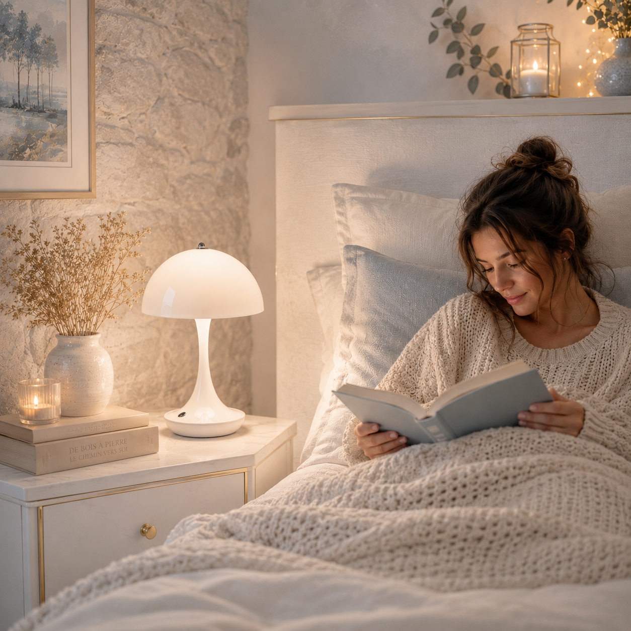 Lampe de table champignon LED rechargeable blanche sur une table de chevet dans une chambre élégante aux tons greige et bleu poudre, femme lisant au lit dans une ambiance chaleureuse et apaisante.