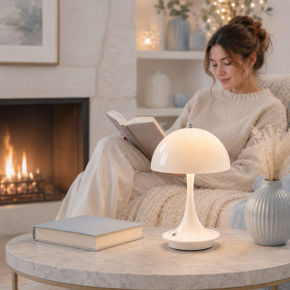 Lampe de table champignon LED rechargeable blanche diffusant une lumière douce dans un salon élégant avec cheminée, femme lisant un livre, décoration greige et bleu poudre haut de gamme.