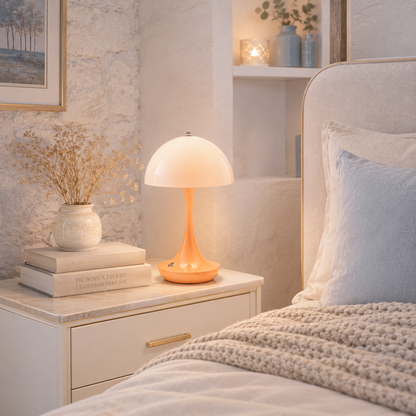 Lampe de table champignon LED rechargeable orange Emma sur une table de chevet dans une chambre élégante aux tons greige et bleu poudre, créant une ambiance chaleureuse et contemporaine.