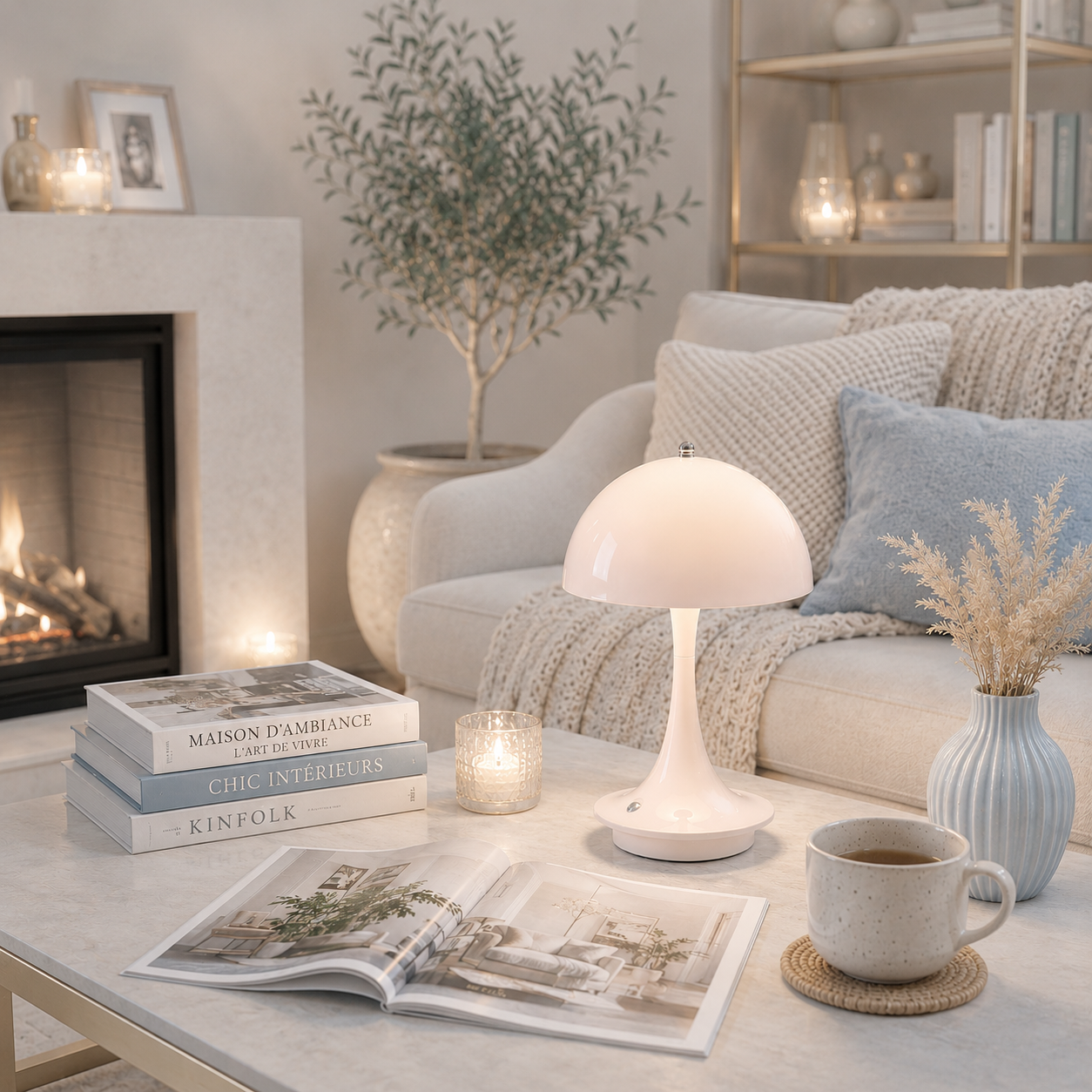 Lampe de table champignon LED rechargeable blanche diffusant une lumière douce dans un salon élégant aux tons greige et bleu poudre avec cheminée, décoration premium et ambiance chaleureuse.
