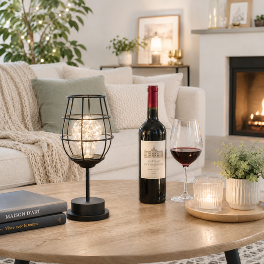 Lampe décorative LED moderne sur une table basse dans un salon lumineux aux tons greige et crème avec bougie, plante et verre de vin pour créer une ambiance chaleureuse, élégante et apaisante.