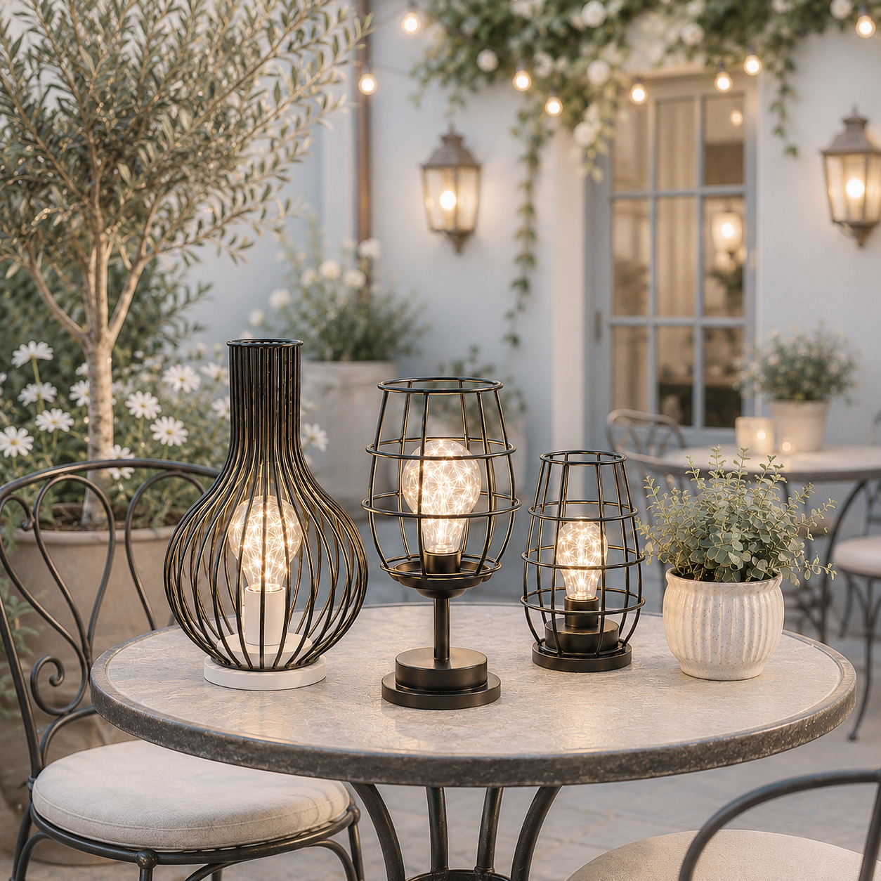 Lampes bistro décoratives LED sur une table de jardin extérieure, diffusant une lumière chaleureuse dans une terrasse élégante au style greige et crème, idéale pour une ambiance cocooning.