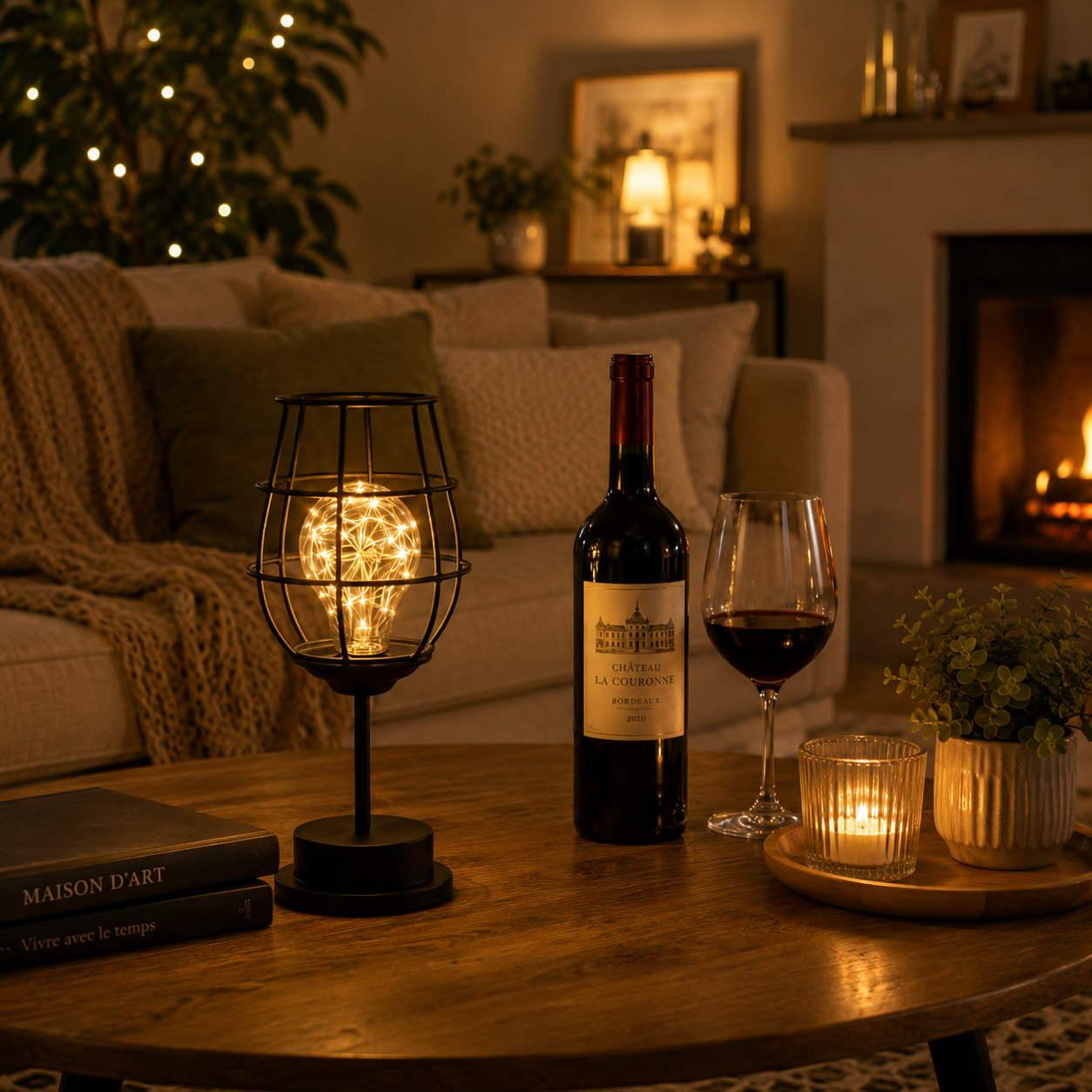 Lampe bistro lumineuse décorative en métal noir avec ampoule LED à lumière chaude posée sur une table de salon. Ambiance chaleureuse avec bouteille de vin, verre à vin, bougie et foyer allumé en arrière-plan, créant un espace détente élégant et convivial.