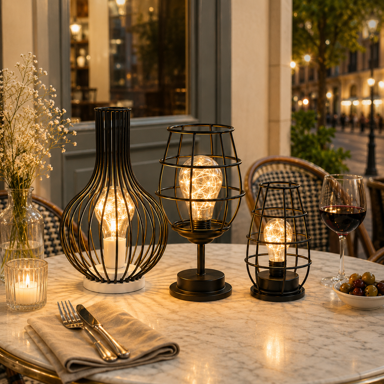 Collection de lampes décoratives lumineuses en métal noir avec ampoules LED à lumière chaleureuse. Présentées sur une table de terrasse bistro dans une ambiance raffinée, ces lampes d’ambiance apportent une touche d’élégance et de douceur au salon, à la salle à manger, au balcon ou à la terrasse couverte.