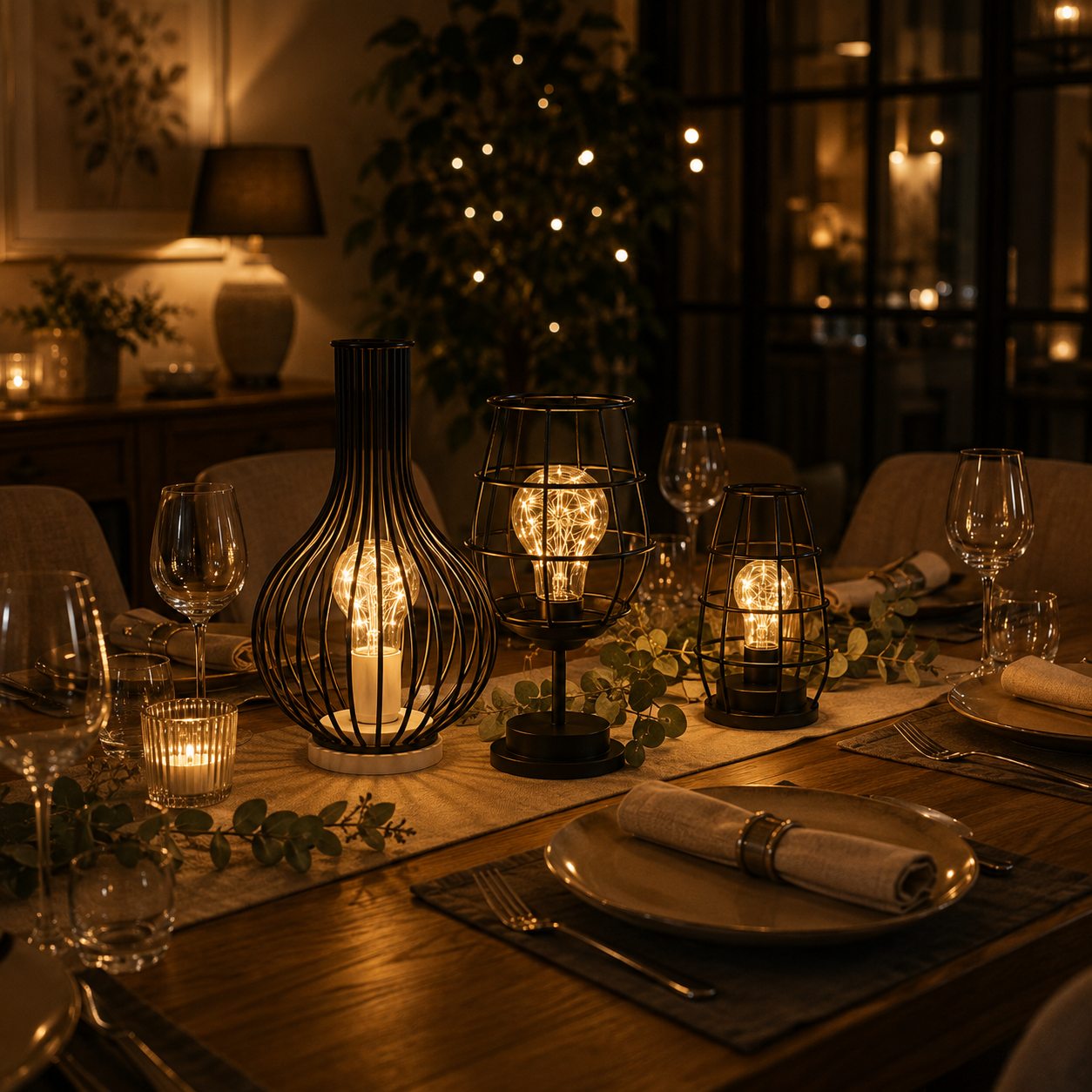 Collection de lampes décoratives lumineuses en métal noir avec éclairage LED chaleureux, disposées sur une table de réception élégante. Ces lampes d’ambiance apportent une touche de charme, de convivialité et d’élégance à la salle à manger, au salon ou aux événements spéciaux, tout en créant une atmosphère douce et accueillante.