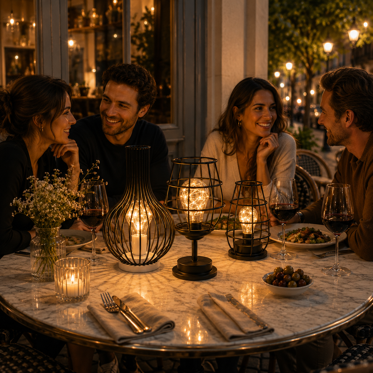 Amis réunis autour d’une table de restaurant en soirée avec les trois lampes décoratives LED de la collection Harmonie & Élégance au centre. Leur lumière chaude et apaisante crée une ambiance conviviale, élégante et chaleureuse, idéale pour les repas, les réceptions et les moments de partage.