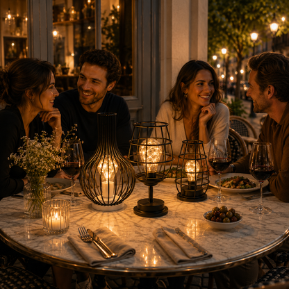 Amis réunis autour d’une table de restaurant en soirée avec les trois lampes décoratives LED de la collection Harmonie & Élégance au centre. Leur lumière chaude et apaisante crée une ambiance conviviale, élégante et chaleureuse, idéale pour les repas, les réceptions et les moments de partage.