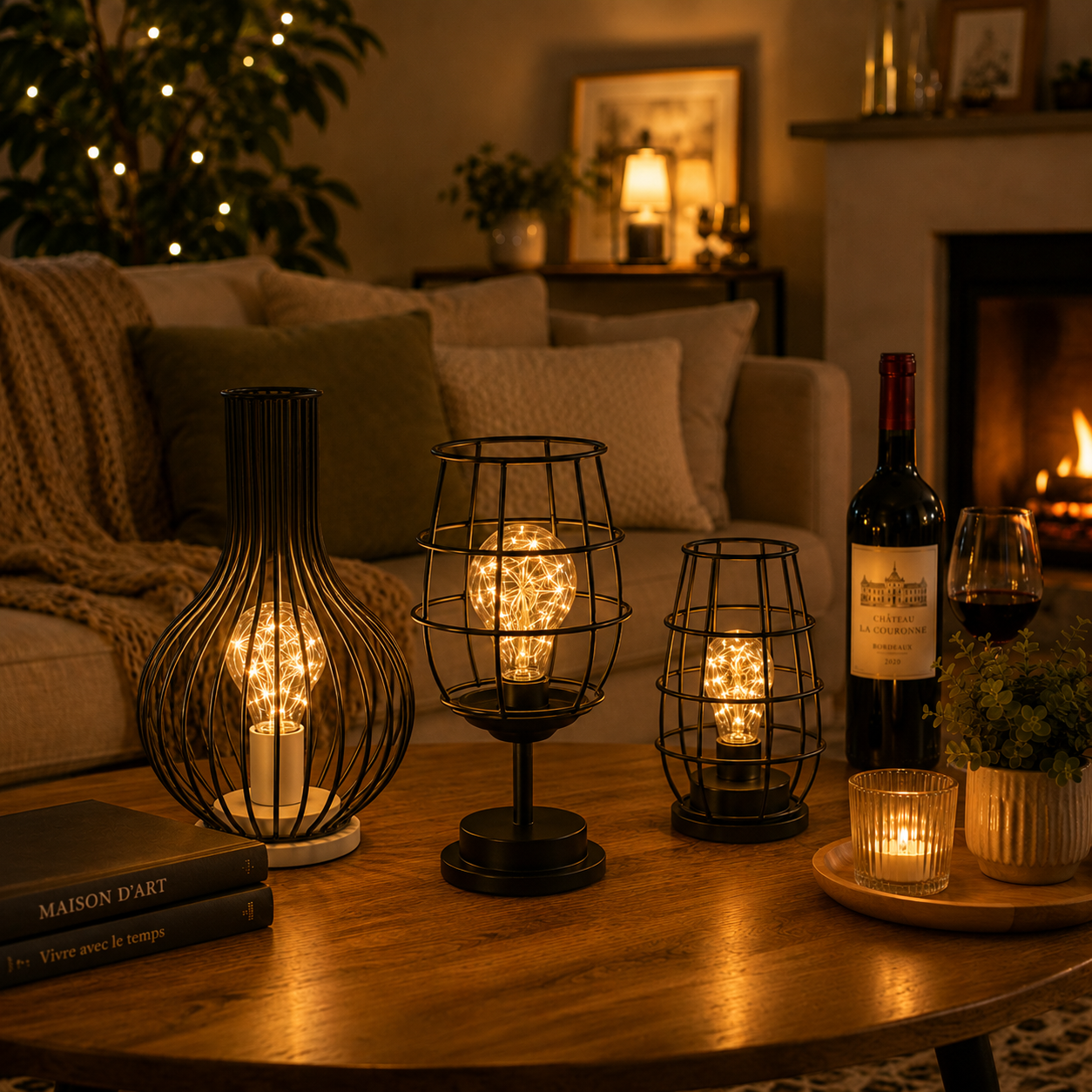 Collection de lampes d’ambiance lumineuses en métal noir avec éclairage LED chaleureux. Présentées dans un salon confortable avec foyer, canapé et décoration raffinée, ces lampes décoratives apportent une touche d’élégance, de douceur et de convivialité à la maison, au salon, à la chambre ou à un espace détente.