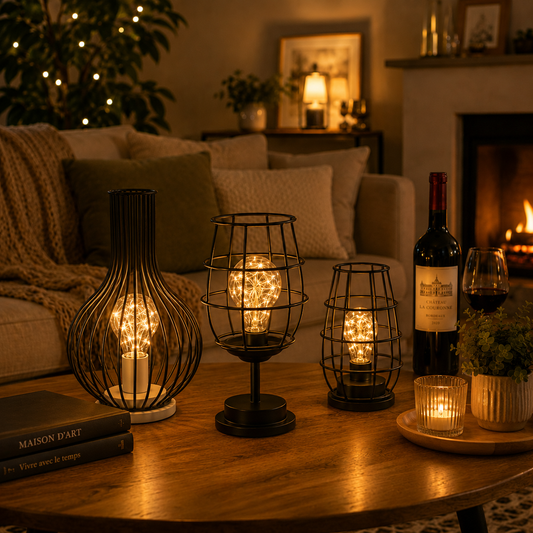 Collection de lampes d’ambiance lumineuses en métal noir avec éclairage LED chaleureux. Présentées dans un salon confortable avec foyer, canapé et décoration raffinée, ces lampes décoratives apportent une touche d’élégance, de douceur et de convivialité à la maison, au salon, à la chambre ou à un espace détente.