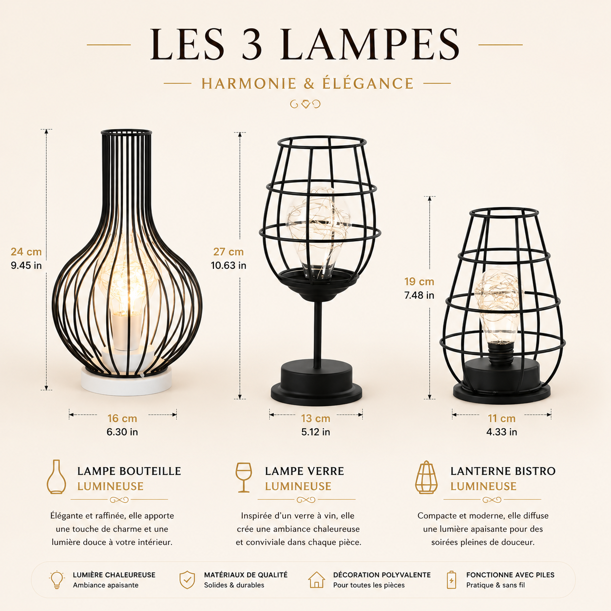 Infographie comparative des trois modèles de lampes décoratives Harmonie & Élégance. Lampe bouteille lumineuse, lampe verre lumineuse et lanterne bistro lumineuse avec dimensions détaillées, design raffiné en métal noir et lumière LED chaleureuse. Idéales pour le salon, la chambre, le bureau ou tout espace détente recherchant une ambiance douce, élégante et conviviale.