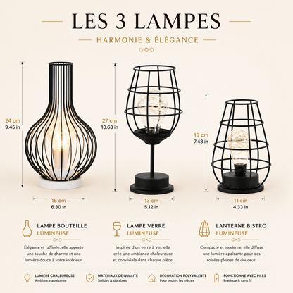 Infographie comparative des trois modèles de lampes décoratives Harmonie & Élégance. Lampe bouteille lumineuse, lampe verre lumineuse et lanterne bistro lumineuse avec dimensions détaillées, design raffiné en métal noir et lumière LED chaleureuse. Idéales pour le salon, la chambre, le bureau ou tout espace détente recherchant une ambiance douce, élégante et conviviale.