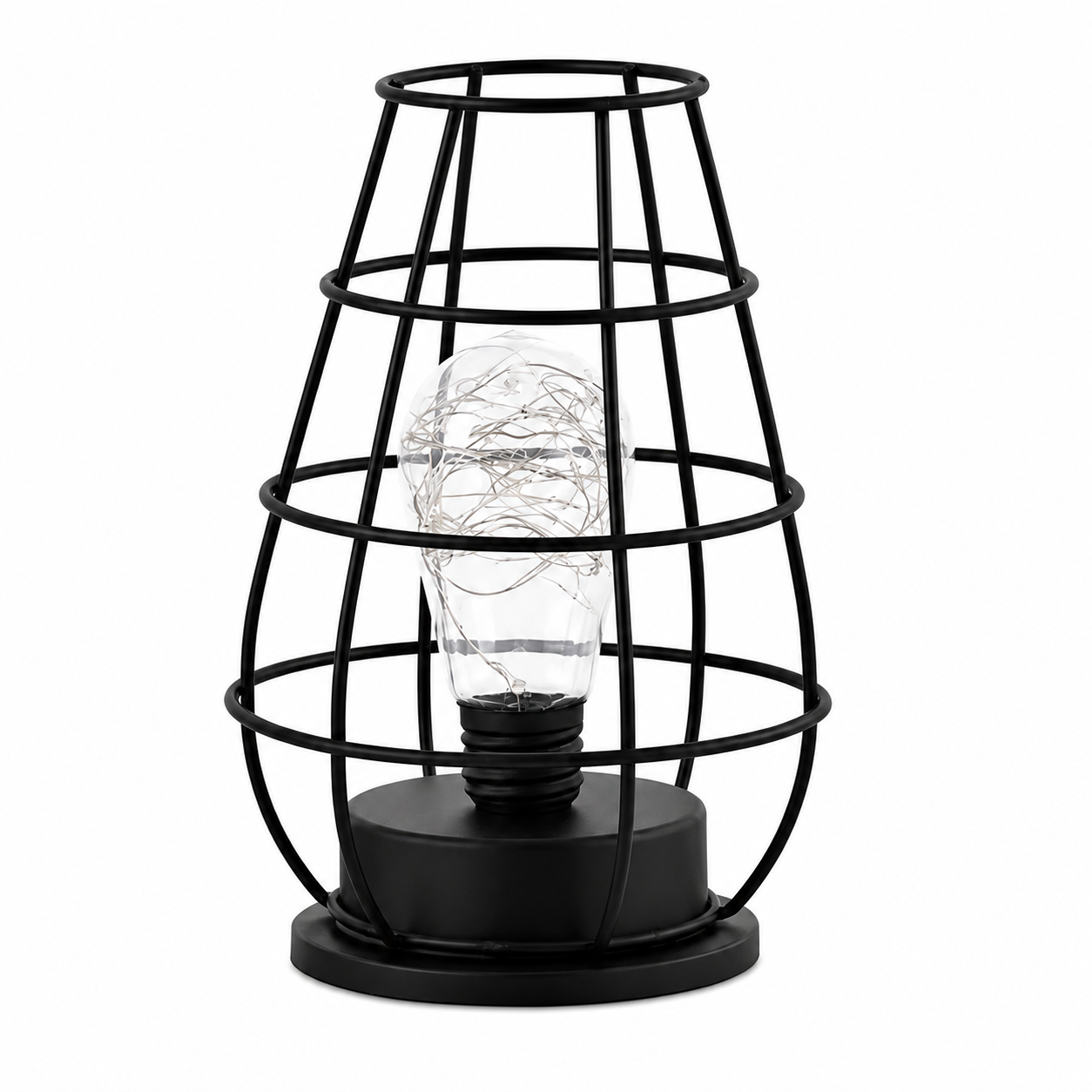 Lanterne bistro lumineuse décorative en métal noir avec ampoule LED à filament, présentée seule sur fond blanc. Son design compact et élégant diffuse une lumière douce et chaleureuse, idéale pour créer une ambiance conviviale dans le salon, la chambre, le bureau ou sur une table d’appoint.