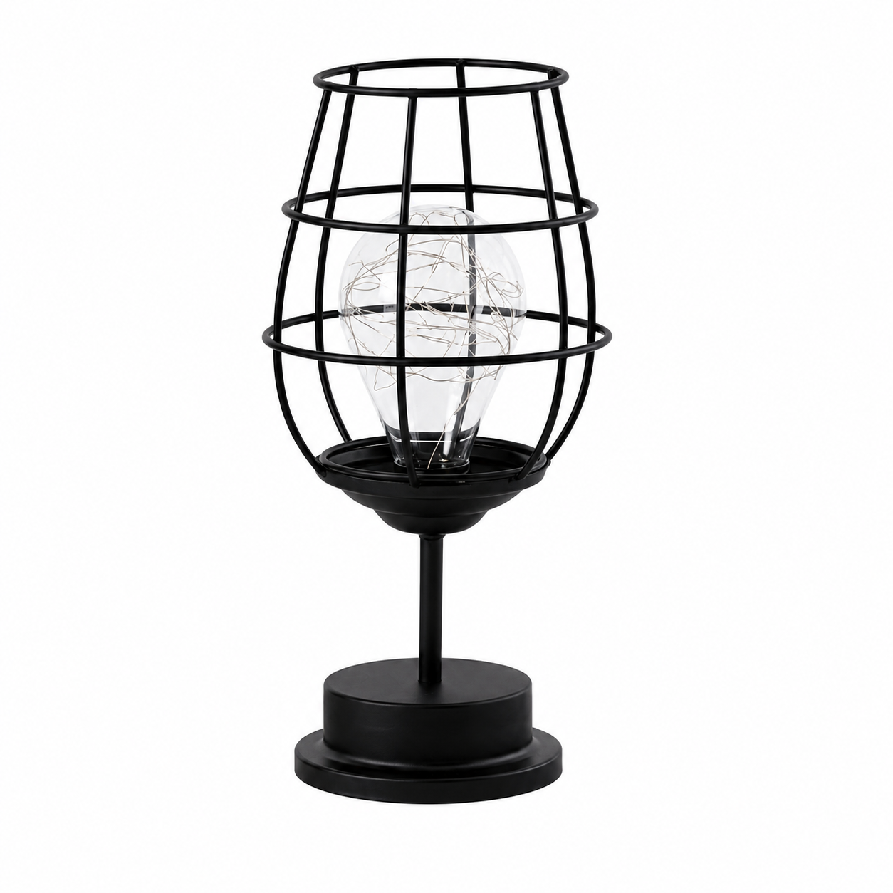 Lampe verre lumineuse décorative en métal noir avec ampoule LED à filament, présentée seule sur fond blanc. Son design élégant inspiré d’un verre apporte une touche moderne et raffinée à la décoration intérieure tout en diffusant une lumière douce et chaleureuse dans le salon, la salle à manger, la chambre ou le bureau.