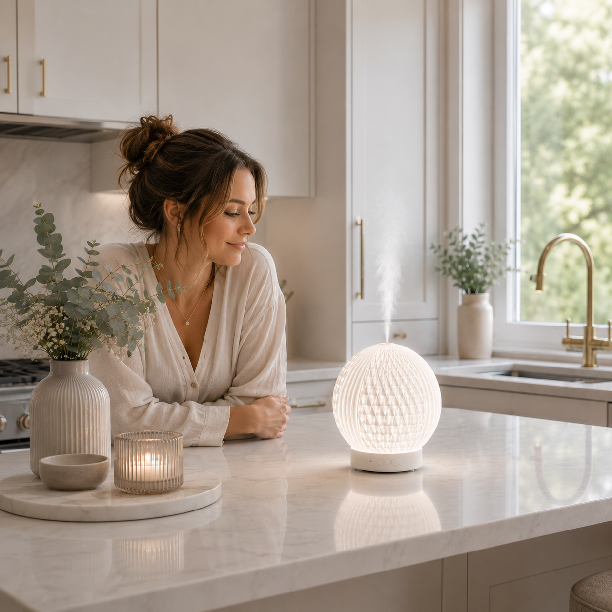 Diffuseur d'huiles essentielles LED Brise allumé sur un comptoir de cuisine haut de gamme aux tons greige et bleu poudre. Une femme admire la fine brume diffusée dans un intérieur lumineux et raffiné, créant une ambiance apaisante, élégante et propice à la détente.