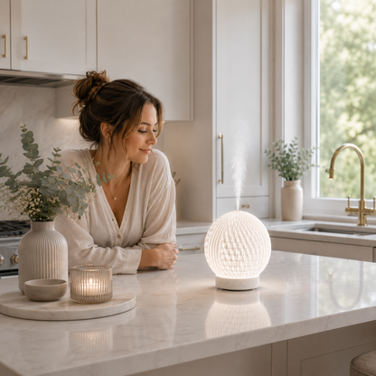 Diffuseur d'huiles essentielles LED Brise allumé sur un comptoir de cuisine haut de gamme aux tons greige et bleu poudre. Une femme admire la fine brume diffusée dans un intérieur lumineux et raffiné, créant une ambiance apaisante, élégante et propice à la détente.