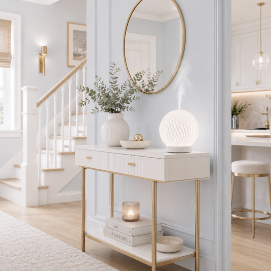 Diffuseur d'huiles essentielles LED Brise diffusant une fine brume sur une console blanche dans un hall d'entrée haut de gamme aux tons greige et bleu poudre. Décoration moderne avec miroir rond, vase et escalier créant une ambiance élégante, relaxante et chaleureuse.