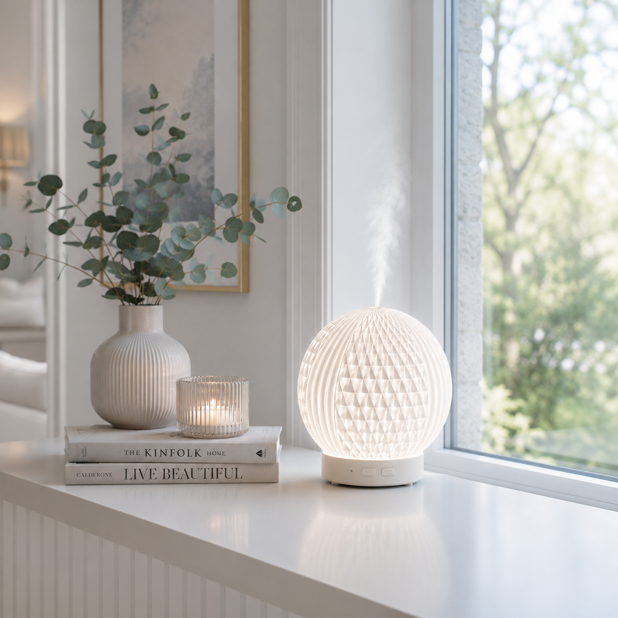 Diffuseur d'huiles essentielles LED Brise diffusant une fine brume sur une console blanche au bord d'une grande fenêtre dans un intérieur haut de gamme aux tons greige et bleu poudre. Décoration élégante avec vase, bougie, livres et vue sur la nature créant une ambiance lumineuse, apaisante et chaleureuse.