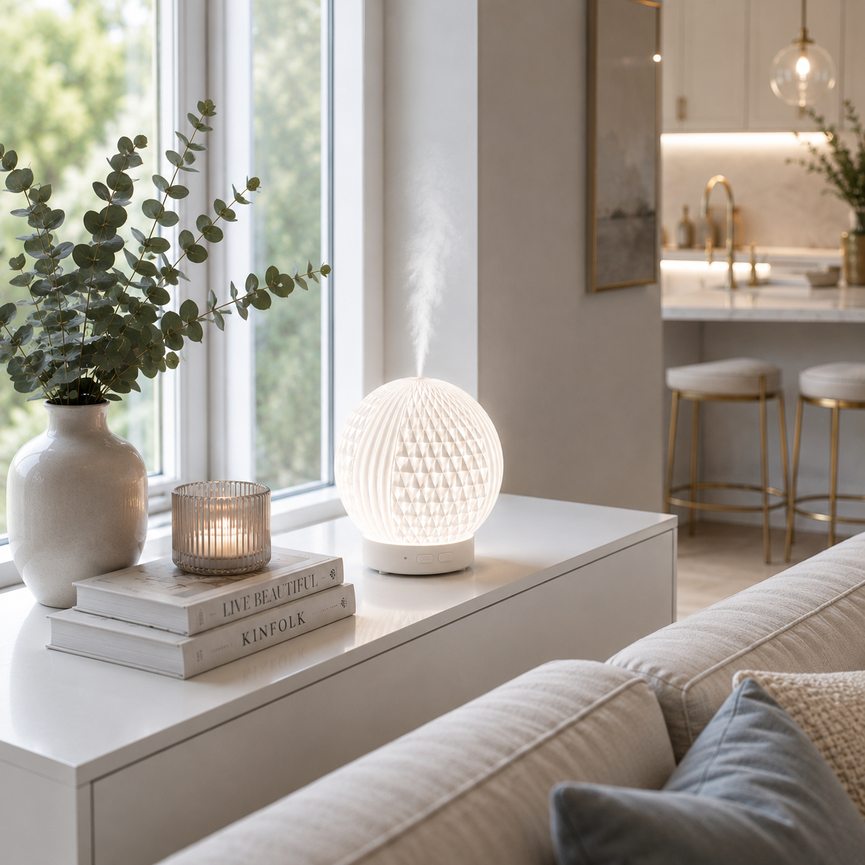Diffuseur d'huiles essentielles LED Brise diffusant une fine brume sur une console blanche près d'une grande fenêtre dans un intérieur premium aux tons greige et bleu poudre. Décoration élégante avec vase, bougie, livres et vue sur la cuisine créant une ambiance lumineuse, apaisante et chaleureuse.