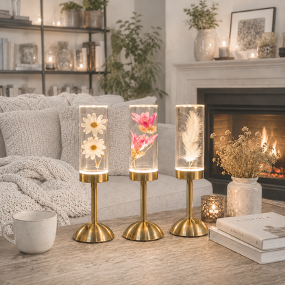 Trois lampes décoratives LED rechargeables en verre illuminé avec fleurs et plume, posées sur une table en bois dans un salon moderne aux tons greige et bleu poudre, devant un canapé chaleureux et un foyer, créant une ambiance élégante et apaisante.