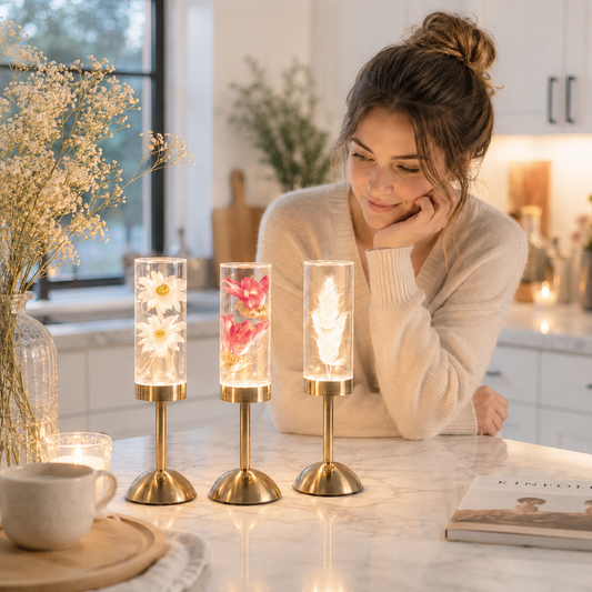 Trois lampes décoratives LED rechargeables en verre avec marguerites blanches, fleurs roses et plume lumineuse, présentées sur un îlot de cuisine en marbre. Une femme admire les lampes dans une cuisine moderne aux tons greige et bleu poudre, créant une ambiance chaleureuse, élégante et apaisante.
