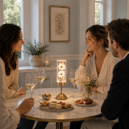 Lampe décorative LED rechargeable avec marguerites blanches illuminées, placée au centre d'une table ronde où des invités partagent un apéritif. Ambiance chaleureuse et conviviale dans une salle à manger moderne aux tons greige et bleu poudre, idéale pour créer une atmosphère élégante lors des repas entre amis.